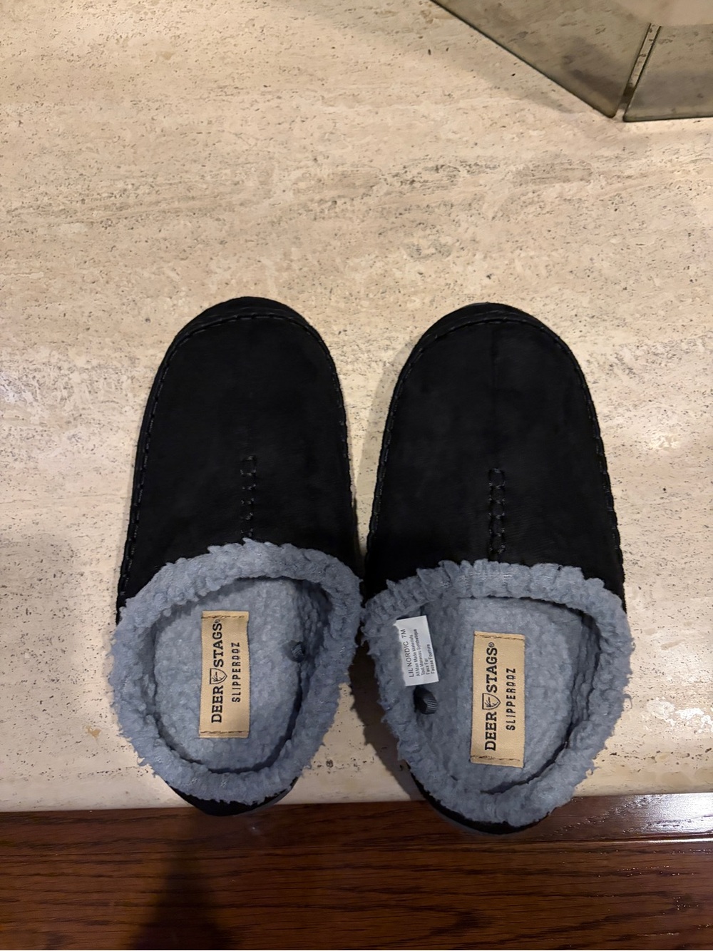 Deer Stags Black Slip-On Suede-Look Shearling Lined Slippers